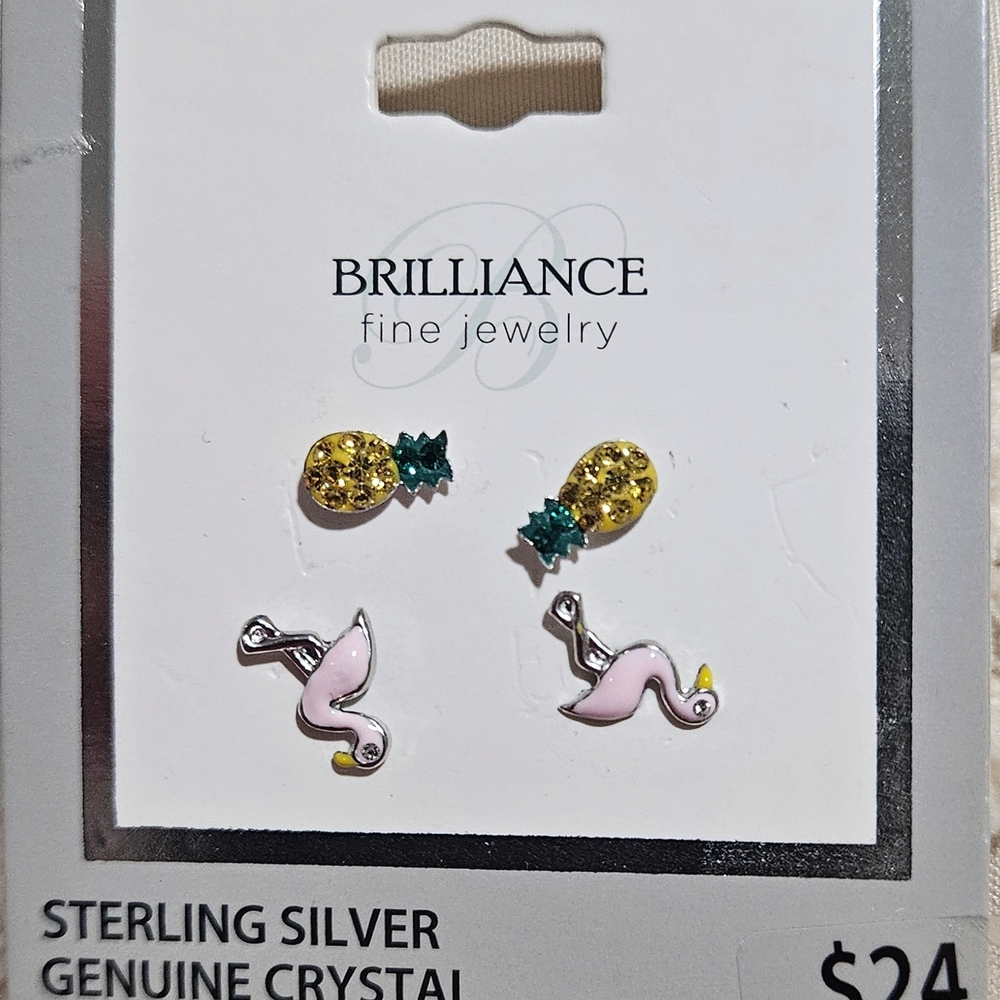 Brilliance Fine Jewelry Sterling Silver Flamingo and Pineapple Stud Earrings
